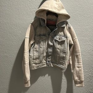 Boys size small mixed fabric denim hooded jacket